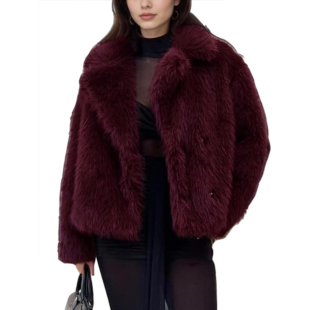 image:imageWomens Faux Fur Coat Lapel Winter Jacket Fluffy Shaggy Coats Faux FurSnap Buttonwith PocketsShort CoatWarmMachine WashableEco FriendlyCasualLuxuryWinter Coats for WomenWinered