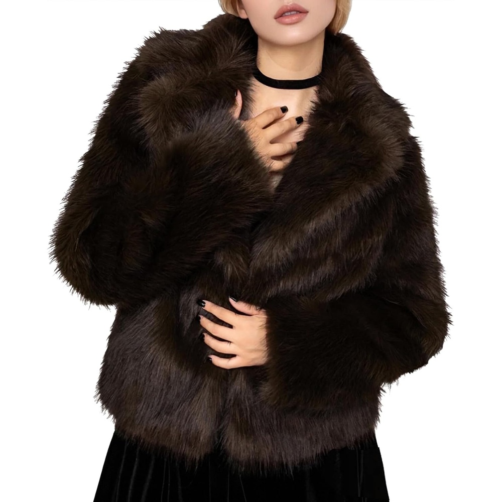 image:imageWomens Faux Fur Coat Lapel Winter Jacket Fluffy Shaggy Coats Faux FurSnap Buttonwith PocketsShort CoatWarmMachine WashableEco FriendlyCasualLuxuryWinter Coats for WomenCoffe