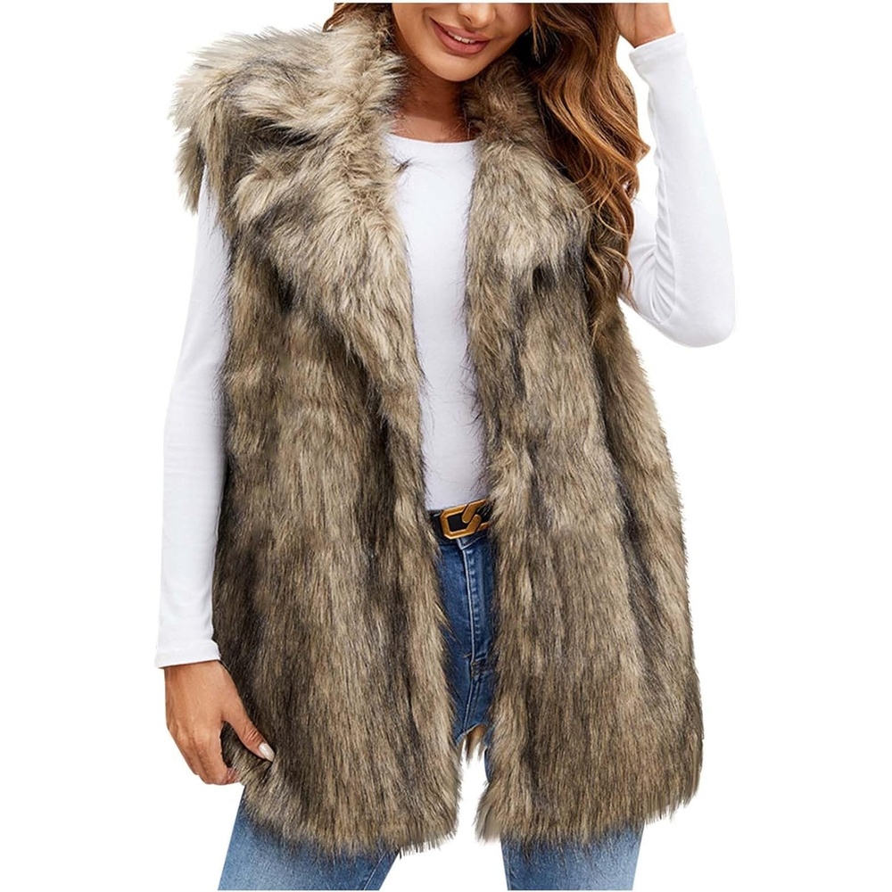 image:imageWomens Faux Fur Vest Fuzzy Fleece Jacket Lapel Furry Jacket Open Front Cardigan Trendy Winter Coats Warm VestBrown