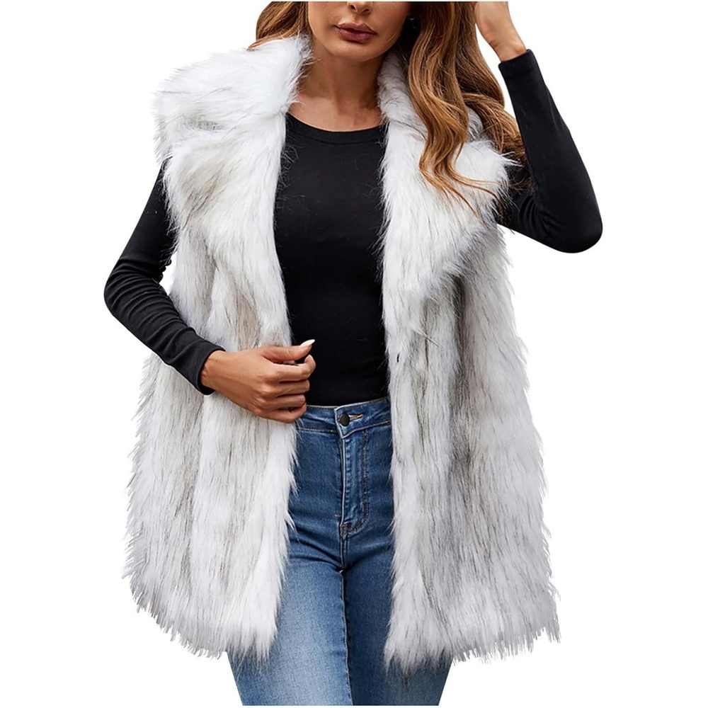 image:imageWomens Faux Fur Vest Fuzzy Fleece Jacket Lapel Furry Jacket Open Front Cardigan Trendy Winter Coats Warm VestWhite