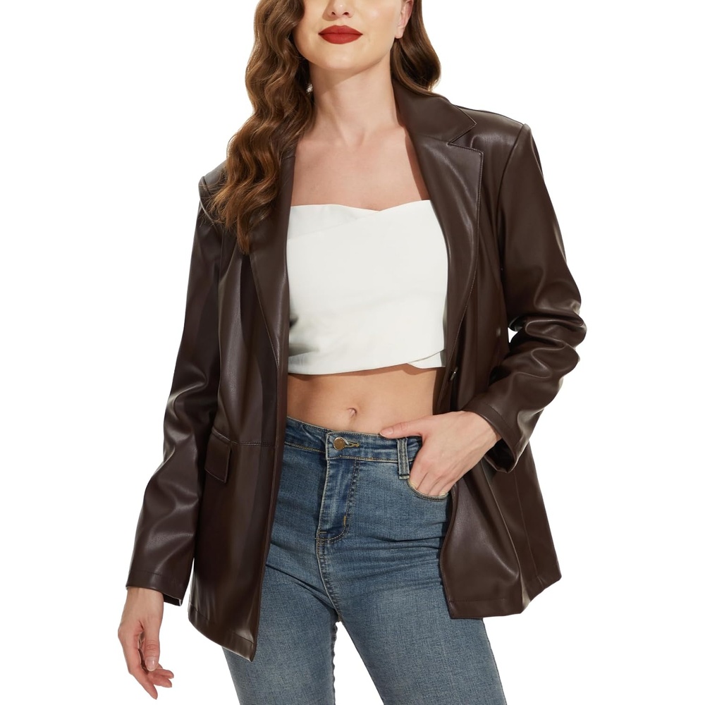image:imageWomens Faux Leather Blazer Vintage Moto Style Coat SXXL Black Leather jacket Soft Vegan Pleather Oversized Casual Biker Outwear with Button Down Daily FashionBrown