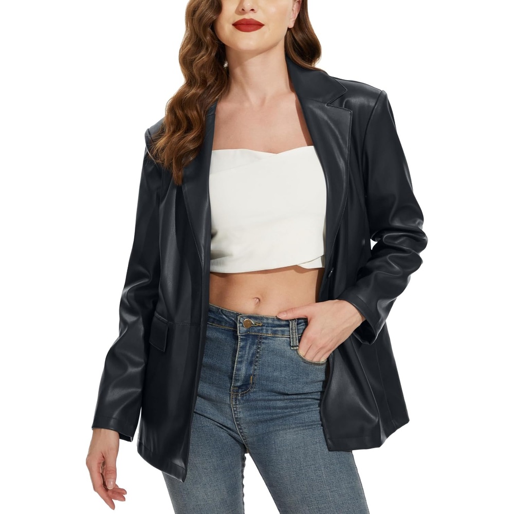 image:imageWomens Faux Leather Blazer Vintage Moto Style Coat SXXL Black Leather jacket Soft Vegan Pleather Oversized Casual Biker Outwear with Button Down Daily FashionBlack