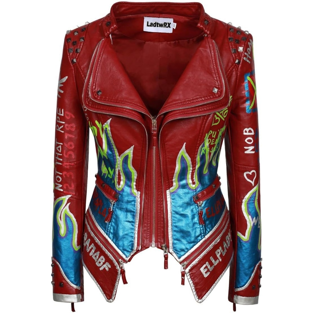 image:imageWomens Faux Leather Hand Painted Graffiti Studded Jacket Pu Coat Studded Rivet Lady moto jacketslim fitmotobiker coatsteampunk stylePU Faux leatherSpring autumn WinterWine Red