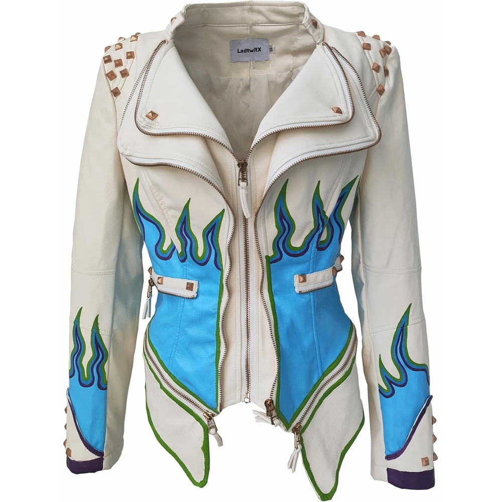 image:imageWomens Faux Leather Hand Painted Graffiti Studded Jacket Pu Coat Studded Rivet Lady moto jacketslim fitmotobiker coatsteampunk stylePU Faux leatherSpring autumn WinterWhite Fire