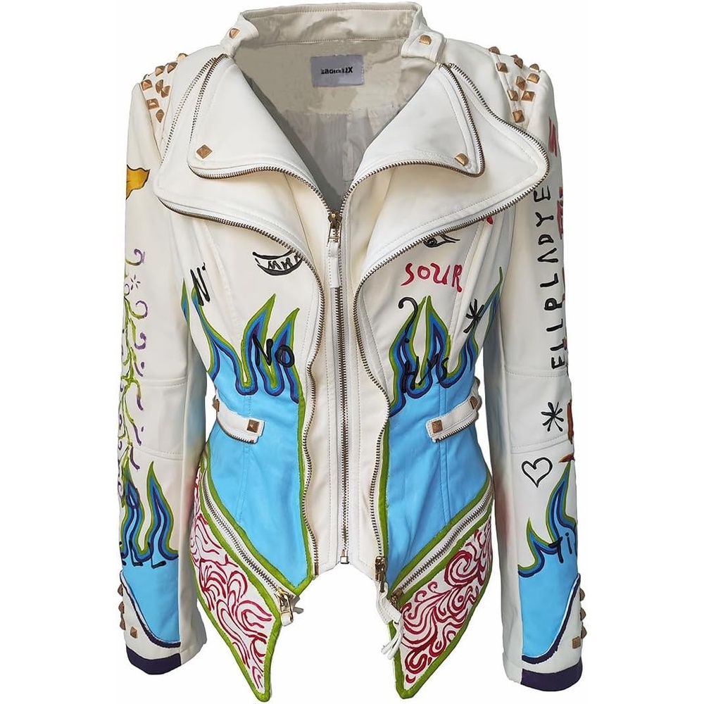 image:imageWomens Faux Leather Hand Painted Graffiti Studded Jacket Pu Coat Studded Rivet Lady moto jacketslim fitmotobiker coatsteampunk stylePU Faux leatherSpring autumn WinterWhite 2