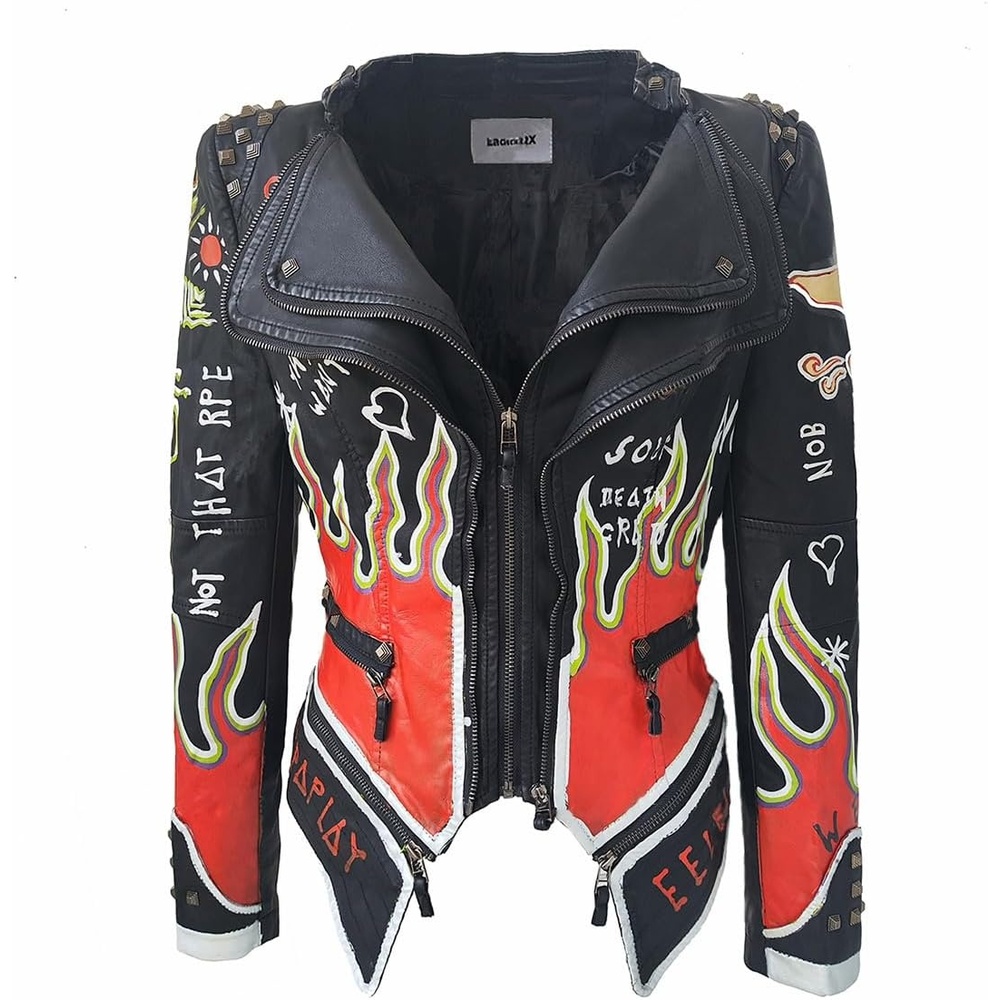 image:imageWomens Faux Leather Hand Painted Graffiti Studded Jacket Pu Coat Studded Rivet Lady moto jacketslim fitmotobiker coatsteampunk stylePU Faux leatherSpring autumn WinterBlack Pu3