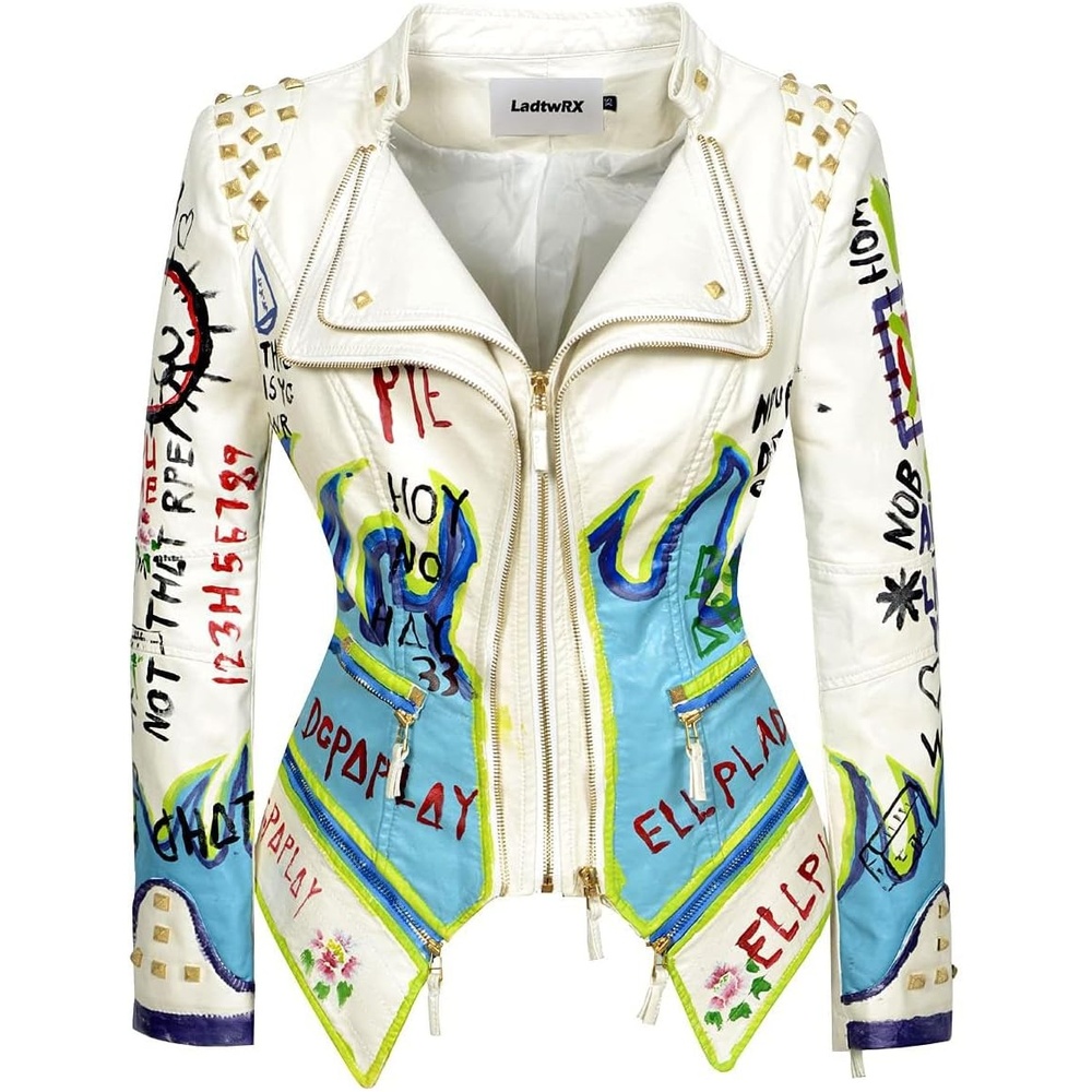 image:imageWomens Faux Leather Hand Painted Graffiti Studded Jacket Pu Coat Studded Rivet Lady moto jacketslim fitmotobiker coatsteampunk stylePU Faux leatherSpring autumn WinterWhite