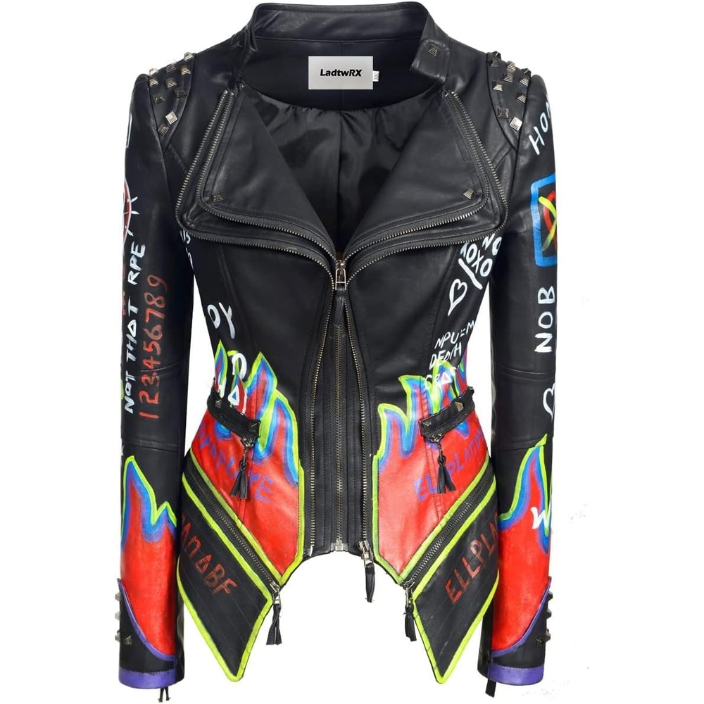 image:imageWomens Faux Leather Hand Painted Graffiti Studded Jacket Pu Coat Studded Rivet Lady moto jacketslim fitmotobiker coatsteampunk stylePU Faux leatherSpring autumn WinterBlack
