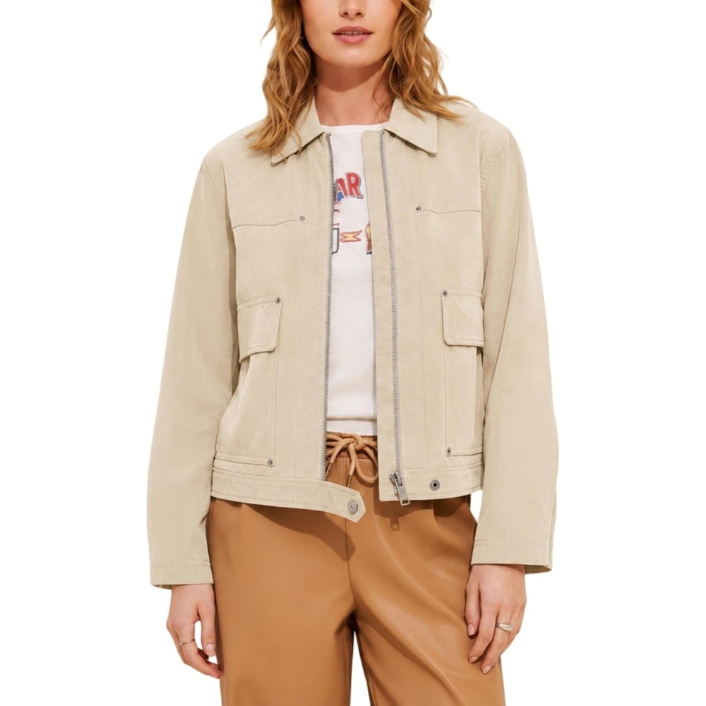 image:imageWomens Faux Leather Jacket Lapel Bell Sleeve Zip Up OutwearBeige