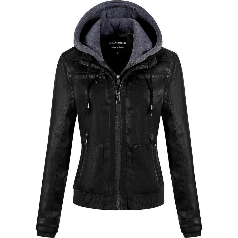 image:imageWomens Faux Leather Jacket Waterproof Motorcycle Bomber Jacket Vintage PU Moto Biker Coat With Removable HoodBlack