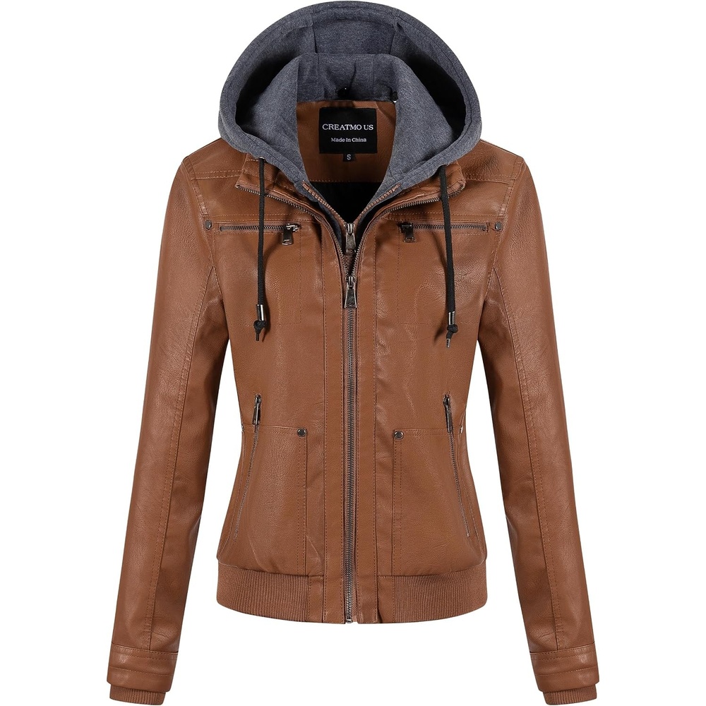image:imageWomens Faux Leather Jacket Waterproof Motorcycle Bomber Jacket Vintage PU Moto Biker Coat With Removable HoodBrown