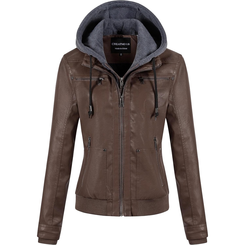 image:imageWomens Faux Leather Jacket Waterproof Motorcycle Bomber Jacket Vintage PU Moto Biker Coat With Removable HoodCoffee