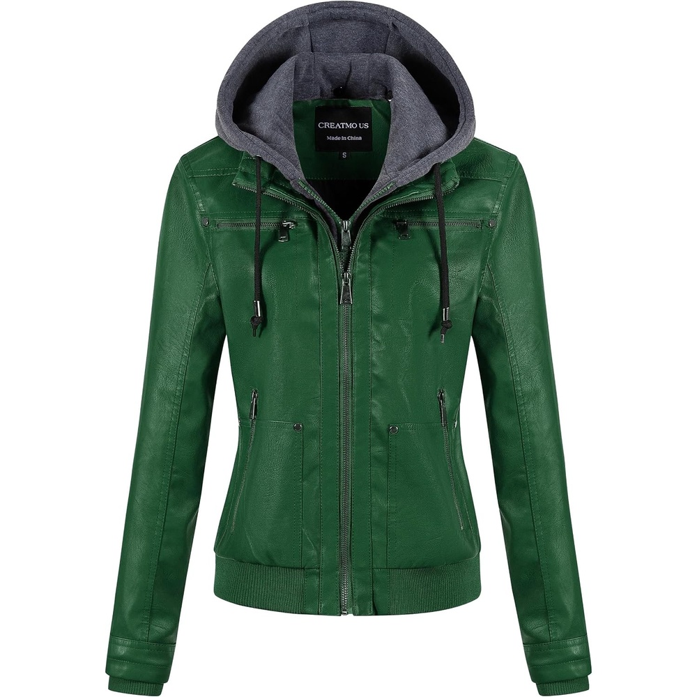 image:imageWomens Faux Leather Jacket Waterproof Motorcycle Bomber Jacket Vintage PU Moto Biker Coat With Removable HoodGreen