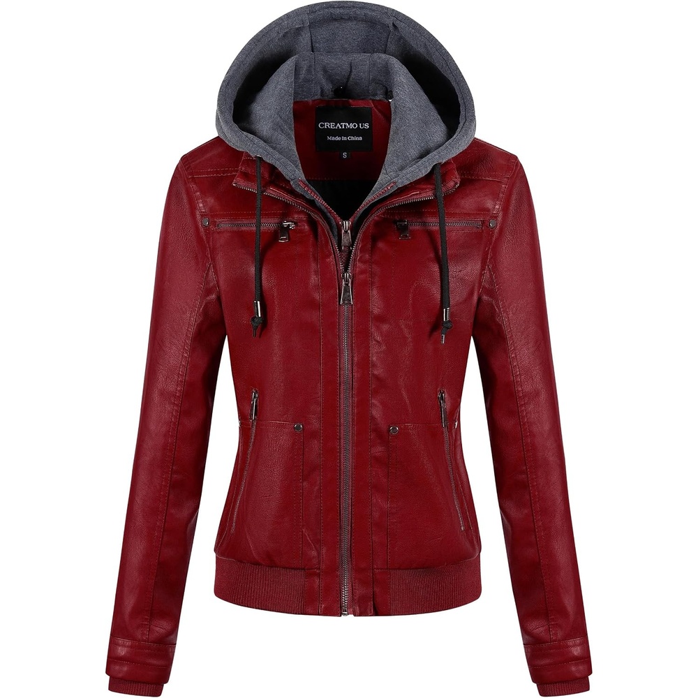 image:imageWomens Faux Leather Jacket Waterproof Motorcycle Bomber Jacket Vintage PU Moto Biker Coat With Removable HoodRed