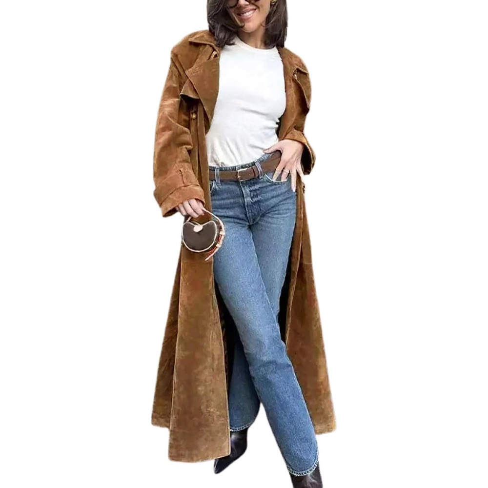 image:imageWomens Faux Suede Long Trench Coat Notched Lapel Double Breasted Pea Coat Overcoat with BeltCamel