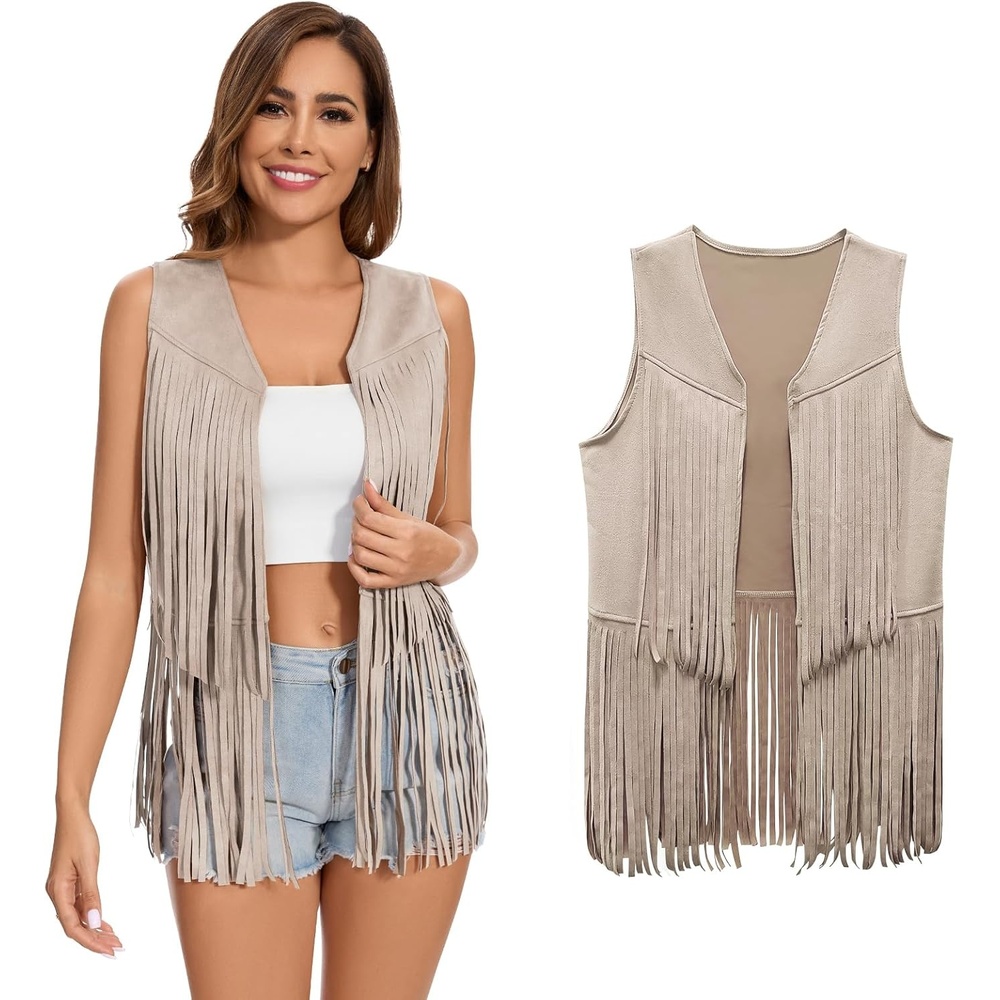 image:imageWomens Fringe Vest 60s 70s Hippie Vest Sleeveless Cowgirl Western Faux Suede Tassel Leather Jacket Hippie PartyApricot