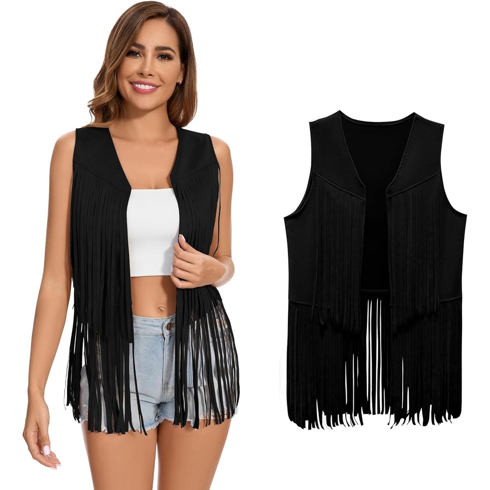 image:imageWomens Fringe Vest 60s 70s Hippie Vest Sleeveless Cowgirl Western Faux Suede Tassel Leather Jacket Hippie PartyBlack