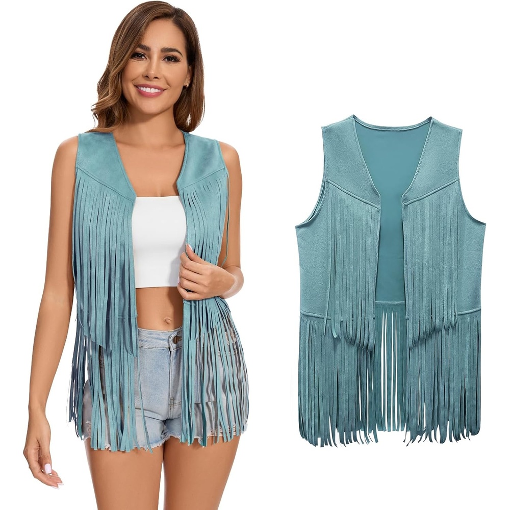 image:imageWomens Fringe Vest 60s 70s Hippie Vest Sleeveless Cowgirl Western Faux Suede Tassel Leather Jacket Hippie PartyBlue