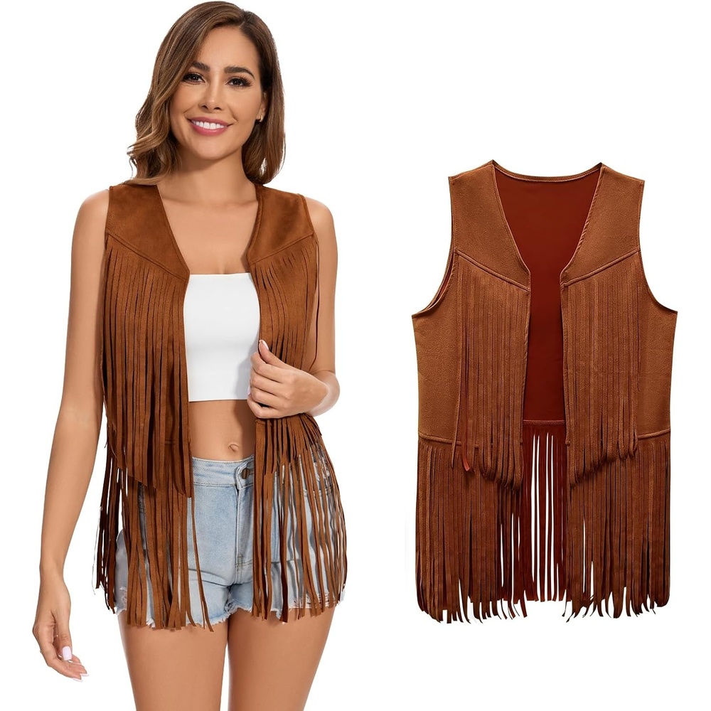 image:imageWomens Fringe Vest 60s 70s Hippie Vest Sleeveless Cowgirl Western Faux Suede Tassel Leather Jacket Hippie PartyBrown