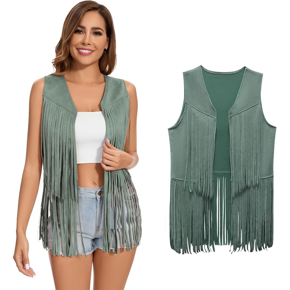 image:imageWomens Fringe Vest 60s 70s Hippie Vest Sleeveless Cowgirl Western Faux Suede Tassel Leather Jacket Hippie PartyGreen