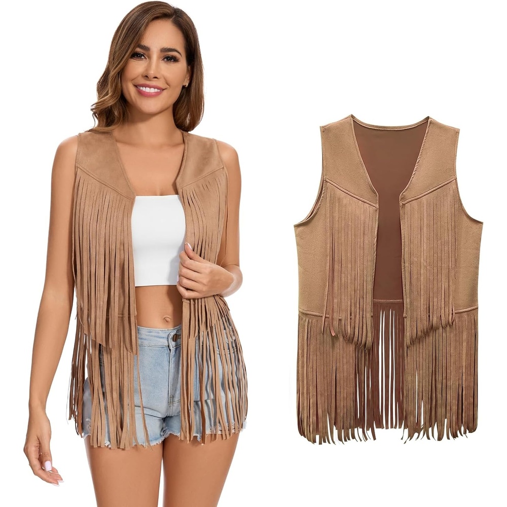 image:imageWomens Fringe Vest 60s 70s Hippie Vest Sleeveless Cowgirl Western Faux Suede Tassel Leather Jacket Hippie PartyKhaki