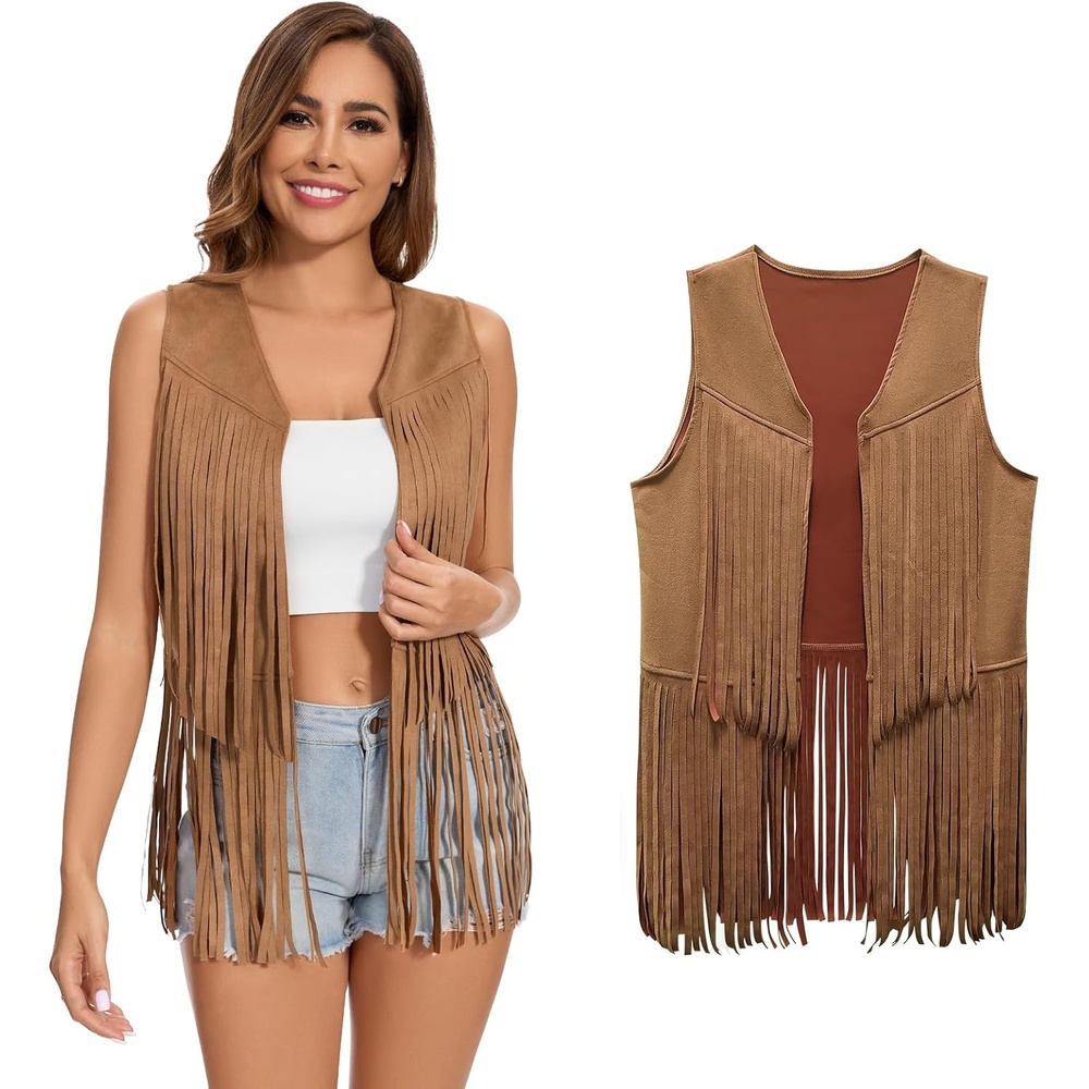 image:imageWomens Fringe Vest 60s 70s Hippie Vest Sleeveless Cowgirl Western Faux Suede Tassel Leather Jacket Hippie PartyLight Brown