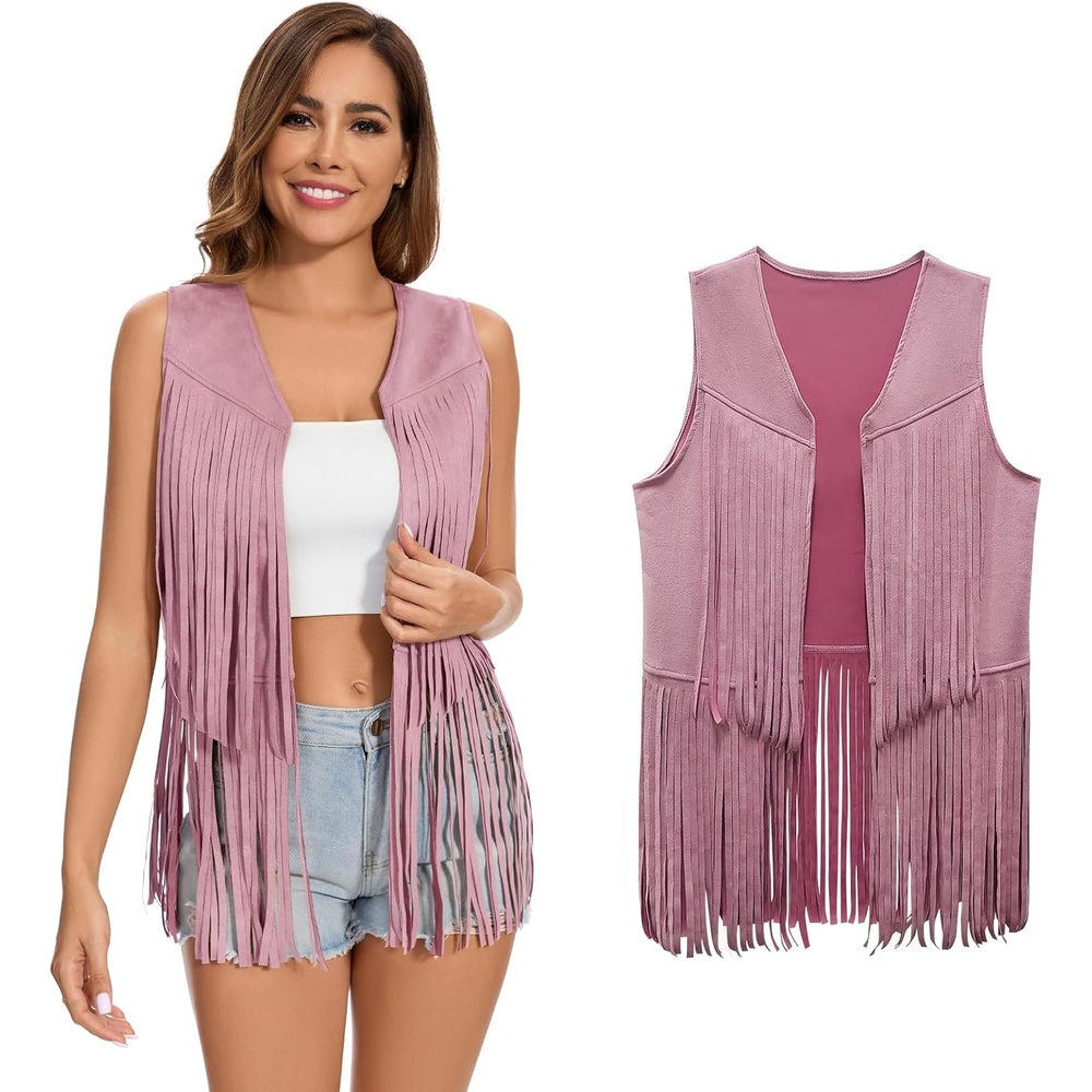 image:imageWomens Fringe Vest 60s 70s Hippie Vest Sleeveless Cowgirl Western Faux Suede Tassel Leather Jacket Hippie PartyPink