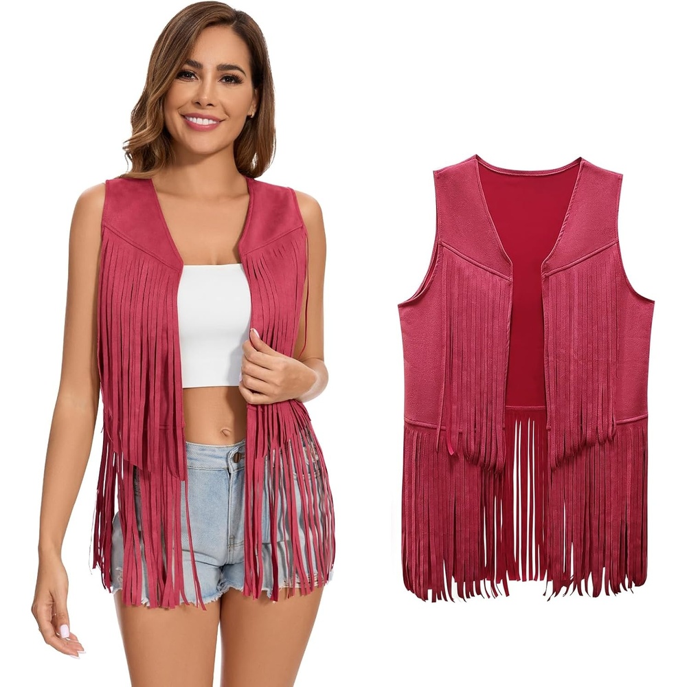 image:imageWomens Fringe Vest 60s 70s Hippie Vest Sleeveless Cowgirl Western Faux Suede Tassel Leather Jacket Hippie PartyRed