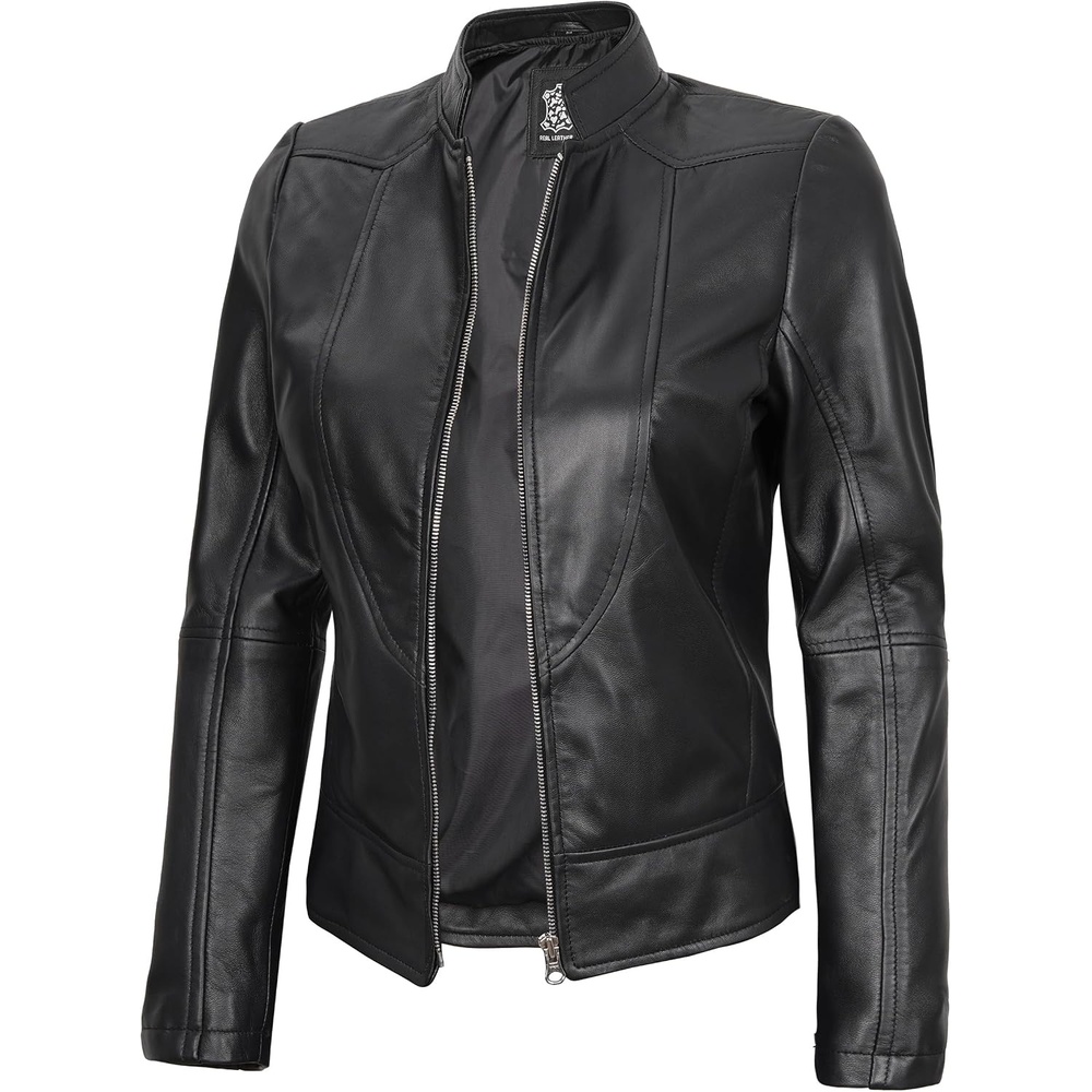 image:imageWomens Leather Jacket  Real Lambskin Cafe Racer Style Leather Jackets for WomenAmy  Black Leather Jacket Women