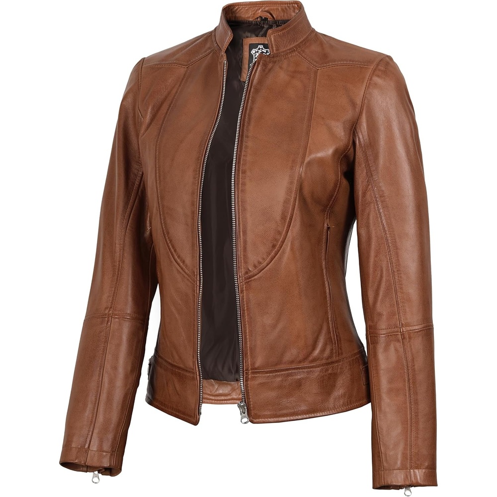 image:imageWomens Leather Jacket Real Lambskin Cafe Racer Style Leather Jackets for WomenAmy Brown Leather Jacket Women