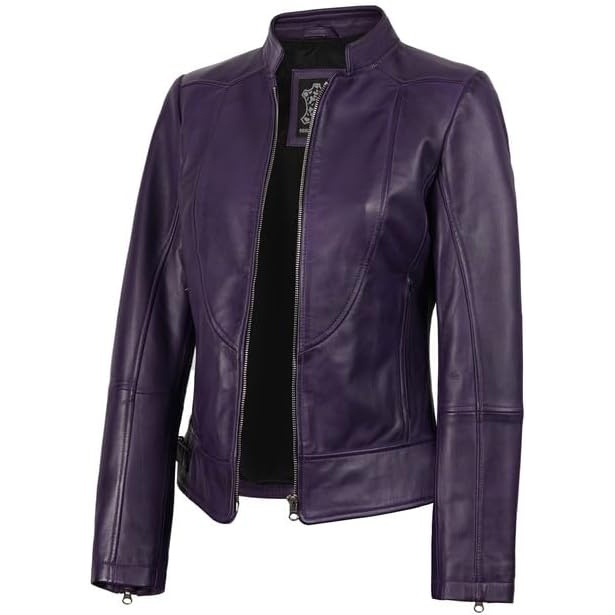 image:imageWomens Leather Jacket Real Lambskin Cafe Racer Style Leather Jackets for WomenAmy Purple Leather Jacket Women