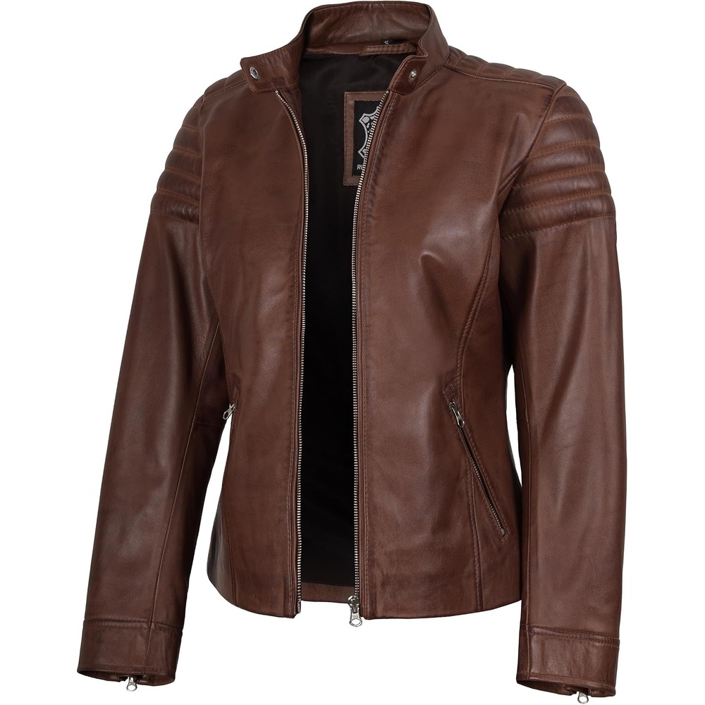 image:imageWomens Leather Jacket Real Lambskin Cafe Racer Style Leather Jackets for WomenCarrie Cognac Leather Jacket Women