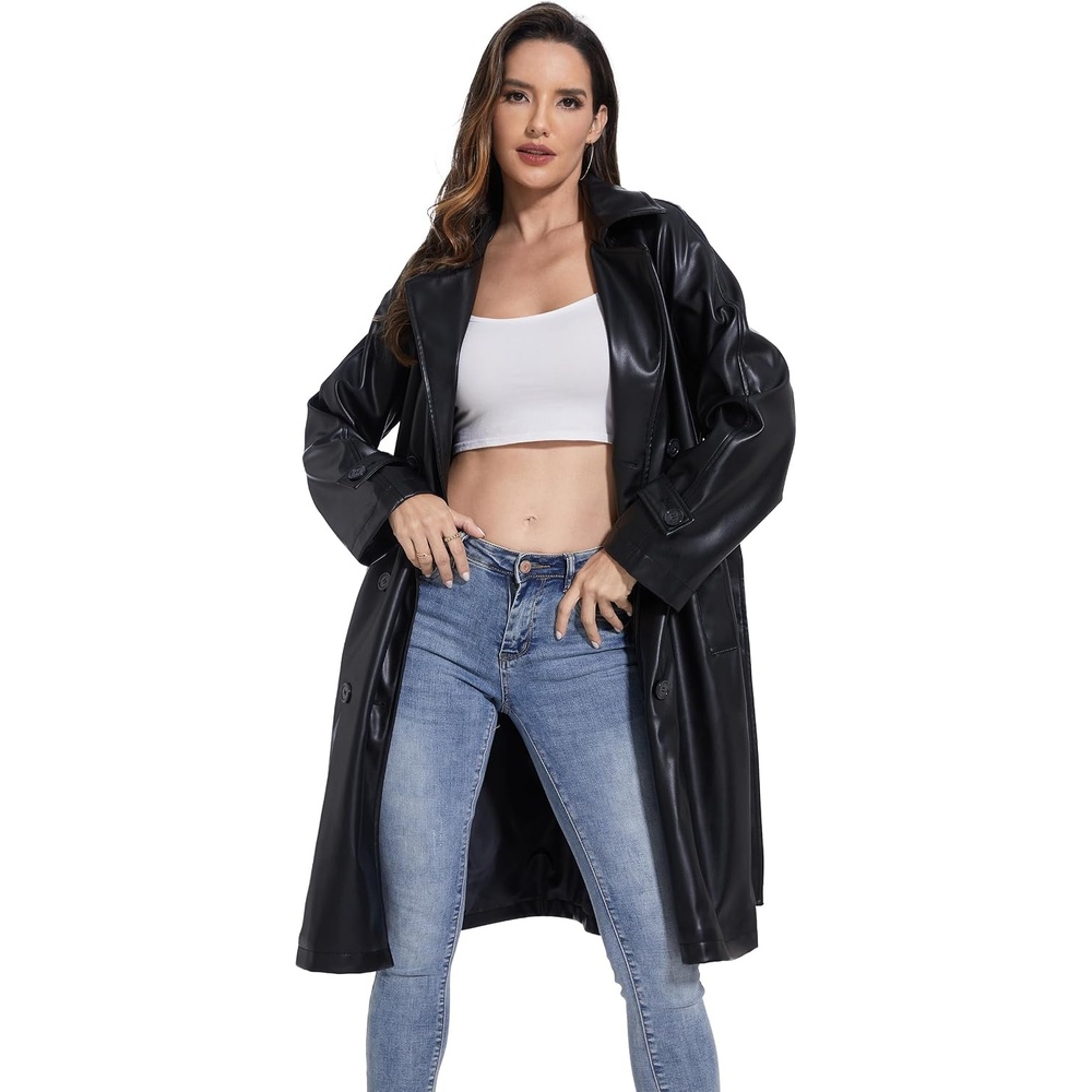 image:imageWomens Leather Trench Coat Faux Motorcycle Plus Size Moto Biker Jacket Short Lightweight Vegan Pleather FashionRaven