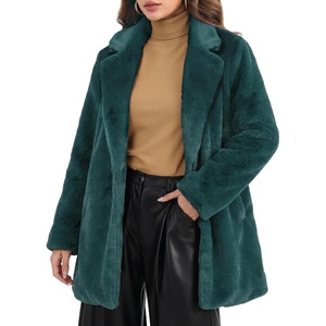 Allegra K Women’s Faux Fur Coat Lapel Warm Winter Casual Long Fluffy Jacket | Classic Open Front Design, Loose Fit, Spring Fall, Formal, Mid-thigh, Coffee Shop, Work Office(Dark Green)
