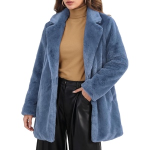 Allegra K Women’s Faux Fur Coat Lapel Warm Winter Casual Long Fluffy Jacket | Classic Open Front Design, Loose Fit, Spring Fall, Formal, Mid-thigh, Coffee Shop, Work Office(Grey Blue)