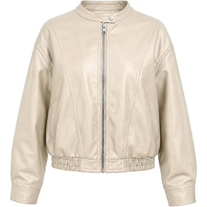 Bellivera Women’s Oversized Faux Leather Bomber Motorcycle Casual Jacket | Windproof Shell Relaxed Drop Shoulder Snap Zip Closure Urban Street Style Versatile Travel Commute Spring Autumn Wear(Beige Casual Coat)