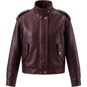 Bellivera Women’s Oversized Faux Leather Bomber Motorcycle Casual Jacket | Windproof Shell Relaxed Drop Shoulder Snap Zip Closure Urban Street Style Versatile Travel Commute Spring Autumn Wear(Wine Stand Collar)