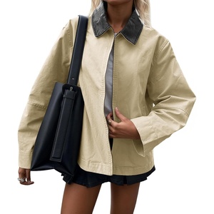 Cicy Bell Women Barn Jacket Zip Up Cotton Canvas Oversized Lightweight Coat | Faux Leather Collar, Light Weight, 100% Cotton, Fall Fashion(Beige)