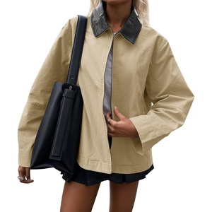 Cicy Bell Women Barn Jacket Zip Up Cotton Canvas Oversized Lightweight Coat | Faux Leather Collar, Light Weight, 100% Cotton, Fall Fashion(Khaki)