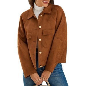 Cicy Bell Womens Faux Suede Leather Jackets Cropped Fall Vintage Shackets | Oversized Style, Lapel Collar, Button Down, Crop Length, Chest Pockets, Trendy Casual(Brown)