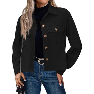 Corduroy Shacket Women Cropped Button Down Shirts Jacket Casual Fall Long Sleeve Crop Tops Bomber Jacket with Pockets(X002-black)