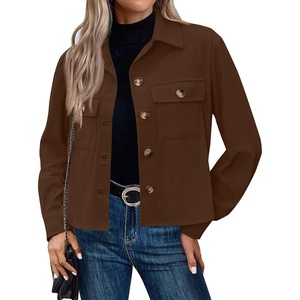 Corduroy Shacket Women Cropped Button Down Shirts Jacket Casual Fall Long Sleeve Crop Tops Bomber Jacket with Pockets(X003-brown)