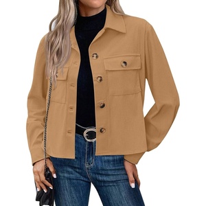 Corduroy Shacket Women Cropped Button Down Shirts Jacket Casual Fall Long Sleeve Crop Tops Bomber Jacket with Pockets(X004-khaki)