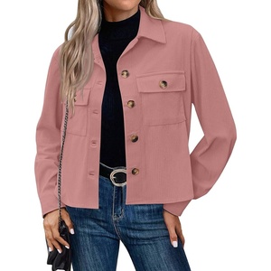 Corduroy Shacket Women Cropped Button Down Shirts Jacket Casual Fall Long Sleeve Crop Tops Bomber Jacket with Pockets(X009-pink)
