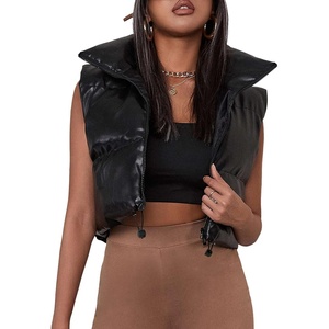 Cropped Puffer Vest Women Zip Up Stand Collar Sleeveless Padded Crop Puffy Vests(#3 Vegan Leather-black)