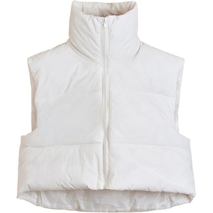 Cropped Puffer Vest Women Zip Up Stand Collar Sleeveless Padded Crop Puffy Vests(Beige)