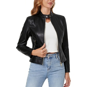DIASHINY Faux Leather Jacket Women Cropped Motorcycle Biker Outwear | Pu Leather,Stretch,Stand Snap Collar,Zipper Pockets,Slim Bodycon Fit,Casual Daily,Women Fashion Moto Bomber Jacket(Black 006)