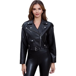 DIASHINY Women Faux Leather Jacket Slim Belted PU Moto Coat | Pu Faux Leather, Notch Lapel, Asymmetrical Zipper, Adjustable Belt, Slim Fit, Casual Party, Women Cropped Biker Jacket(127 Black)