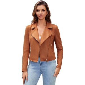 DIASHINY Women Faux Leather Jacket Slim Belted PU Moto Coat | Pu Faux Leather, Notch Lapel, Asymmetrical Zipper, Adjustable Belt, Slim Fit, Casual Party, Women Cropped Biker Jacket(143 Light Brown)