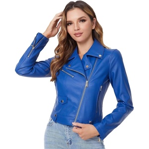 DIASHINY Women Faux Leather Jacket Slim Belted PU Moto Coat | Pu Faux Leather, Notch Lapel, Asymmetrical Zipper, Adjustable Belt, Slim Fit, Casual Party, Women Cropped Biker Jacket(013 Blue)